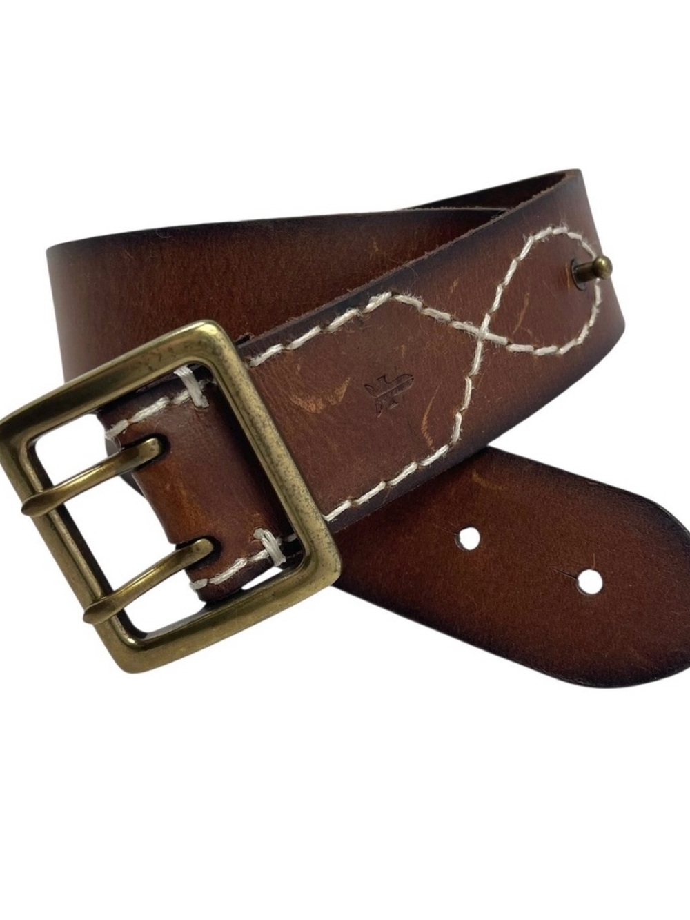 Frye Leather Belt Womens XS Brown Western Double Prong Brass Contrast Stitch
